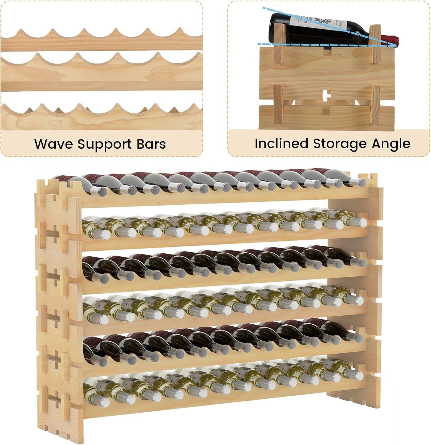 Large Wooden Wine Rack 72 Bottle Storage Shelf | Freestanding Stackable Pine