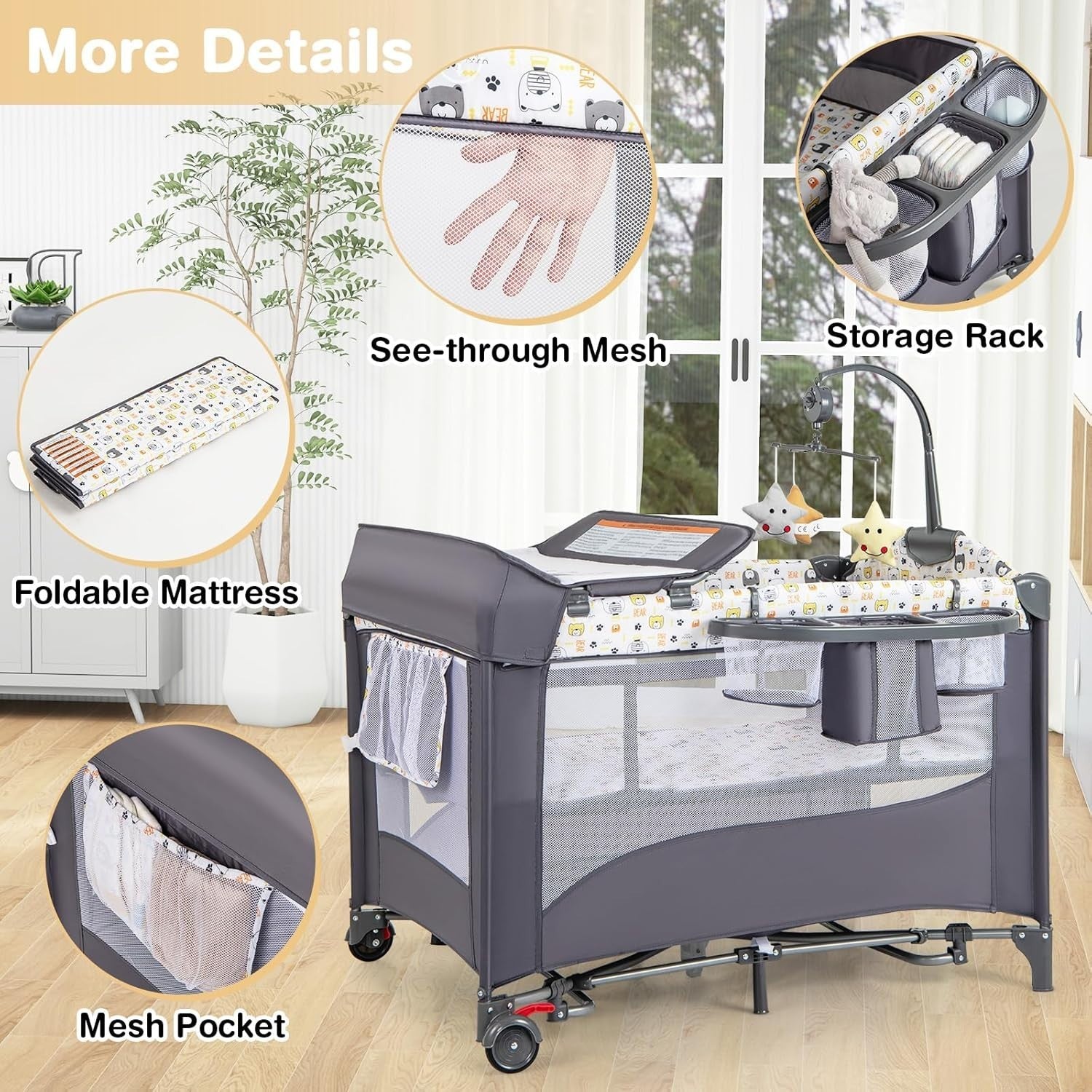5in1 Travel Cot Baby Bedside Foldable Crib Bassinet Portable Playard White Grey
