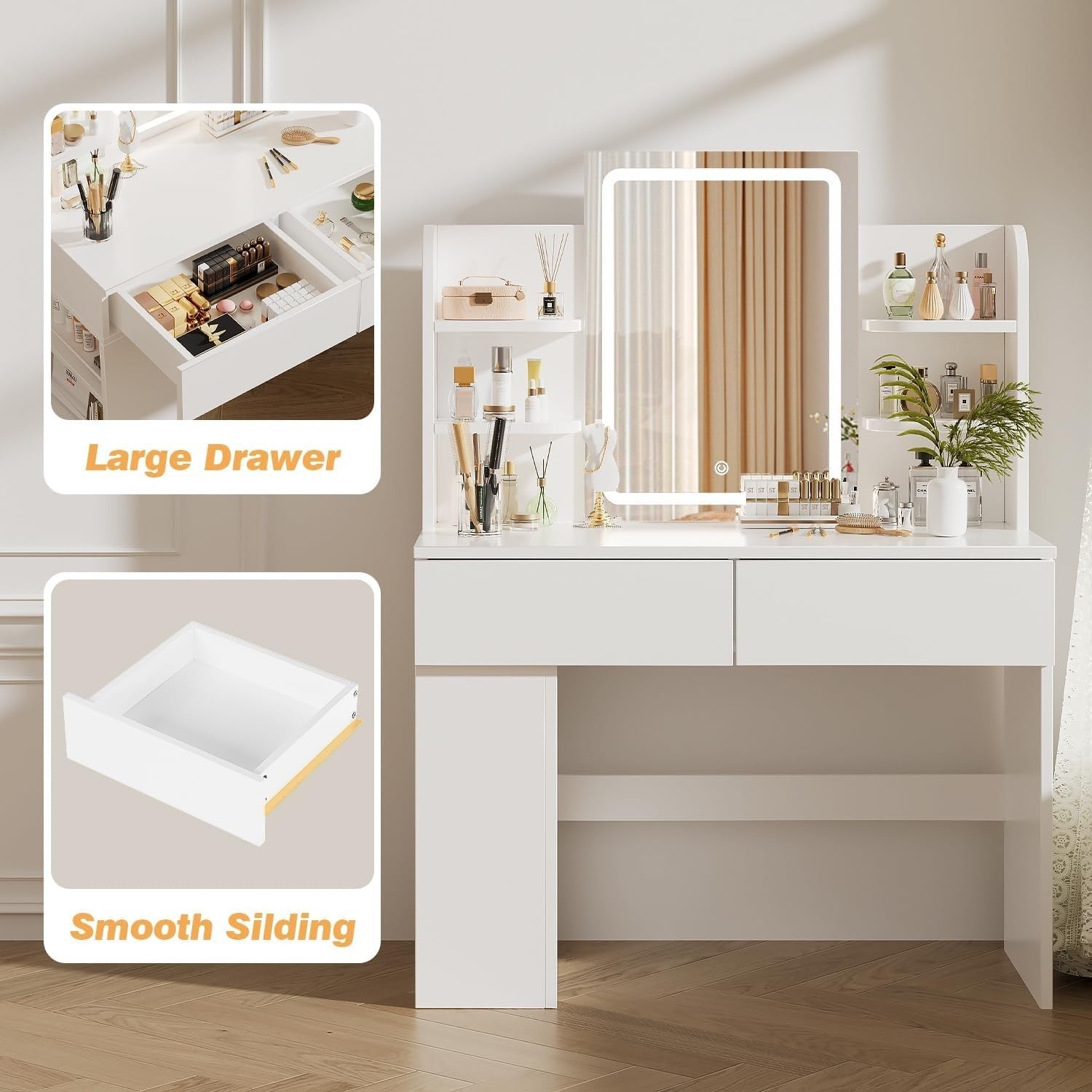 Modern Vanity Dressing Table Set White LED Mirror Stool Storage Drawers Shelves