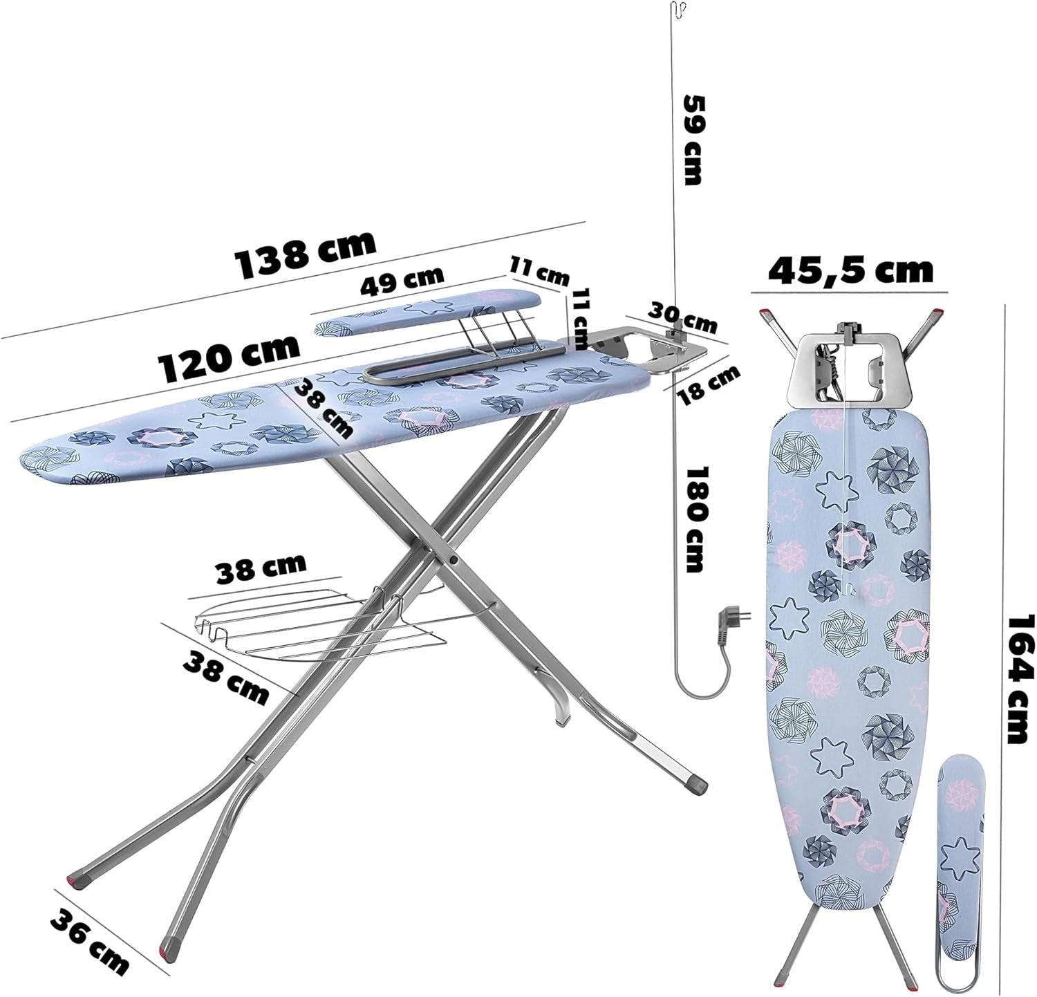 Extra Large Ironing Board with Extension Cable Folding Height Adjustable
