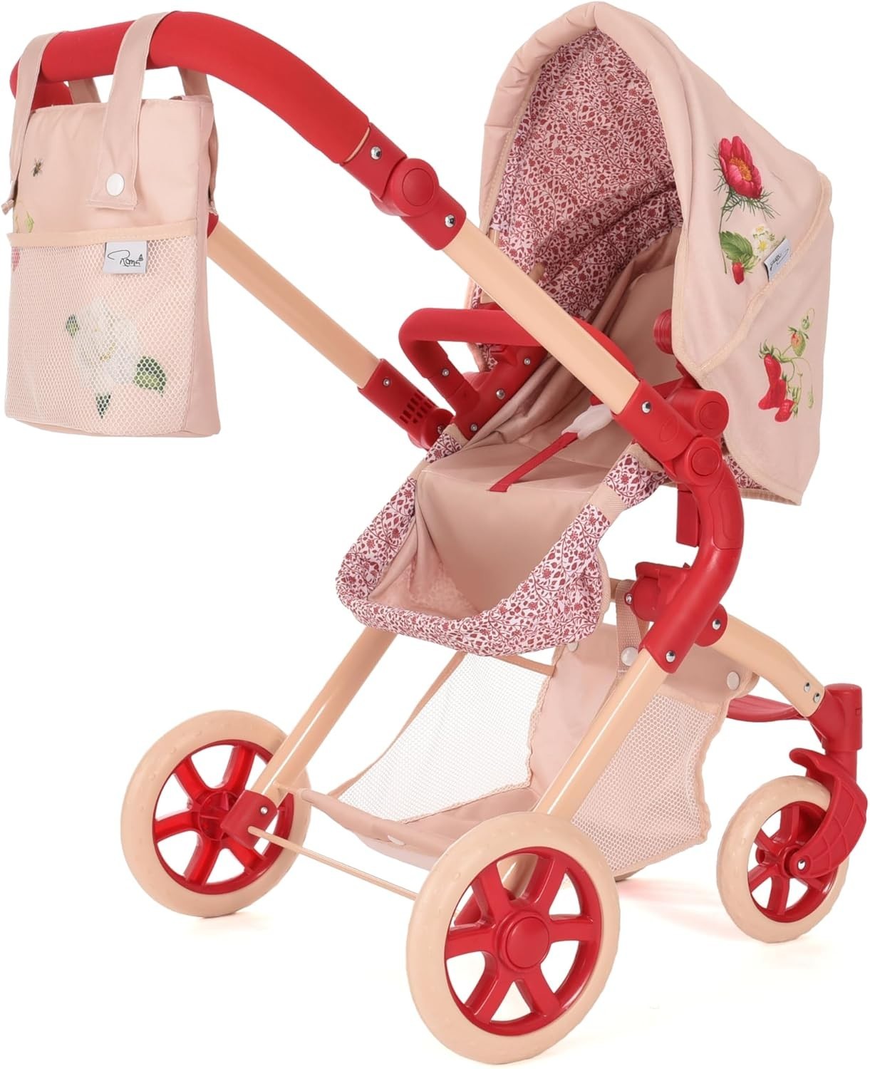 2-in-1 Dolls Pram Carrycot & Seat Adjustable Handle Cream & Berry Red Stroller