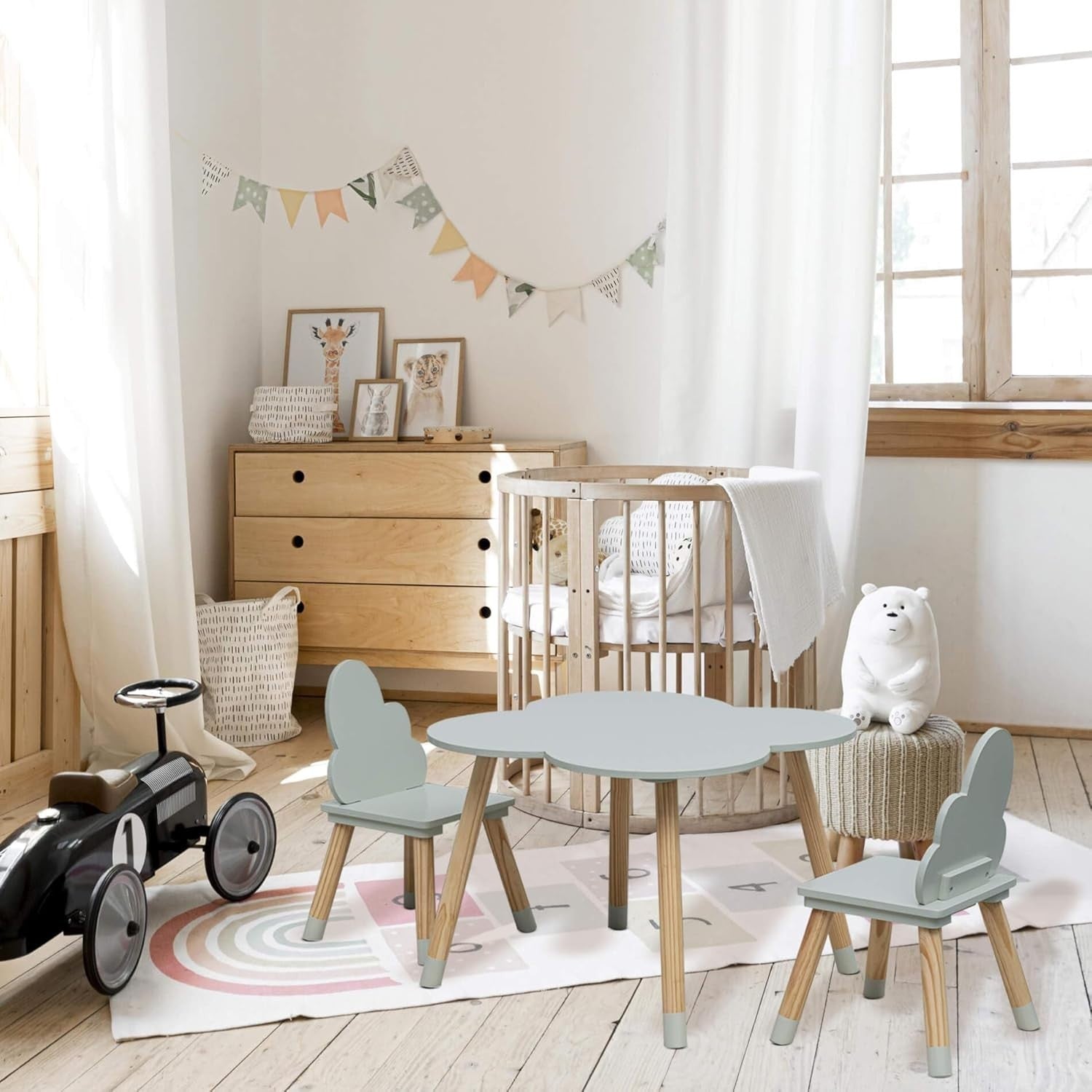 Kids Table and 2 Chairs Set Aqua Green & Brown, Safe Rounded Edges, MDF Pine