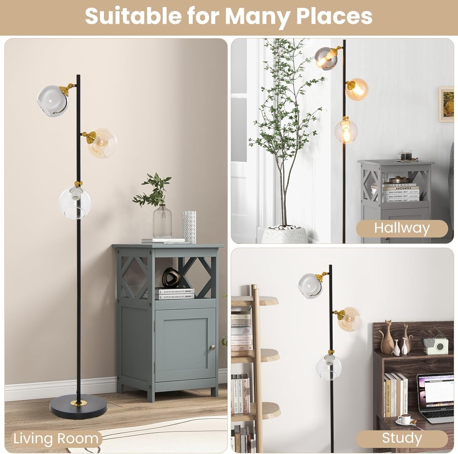 Industrial Floor Lamp 3 Light Glass Globe Standing Lamp Foot Switch Black