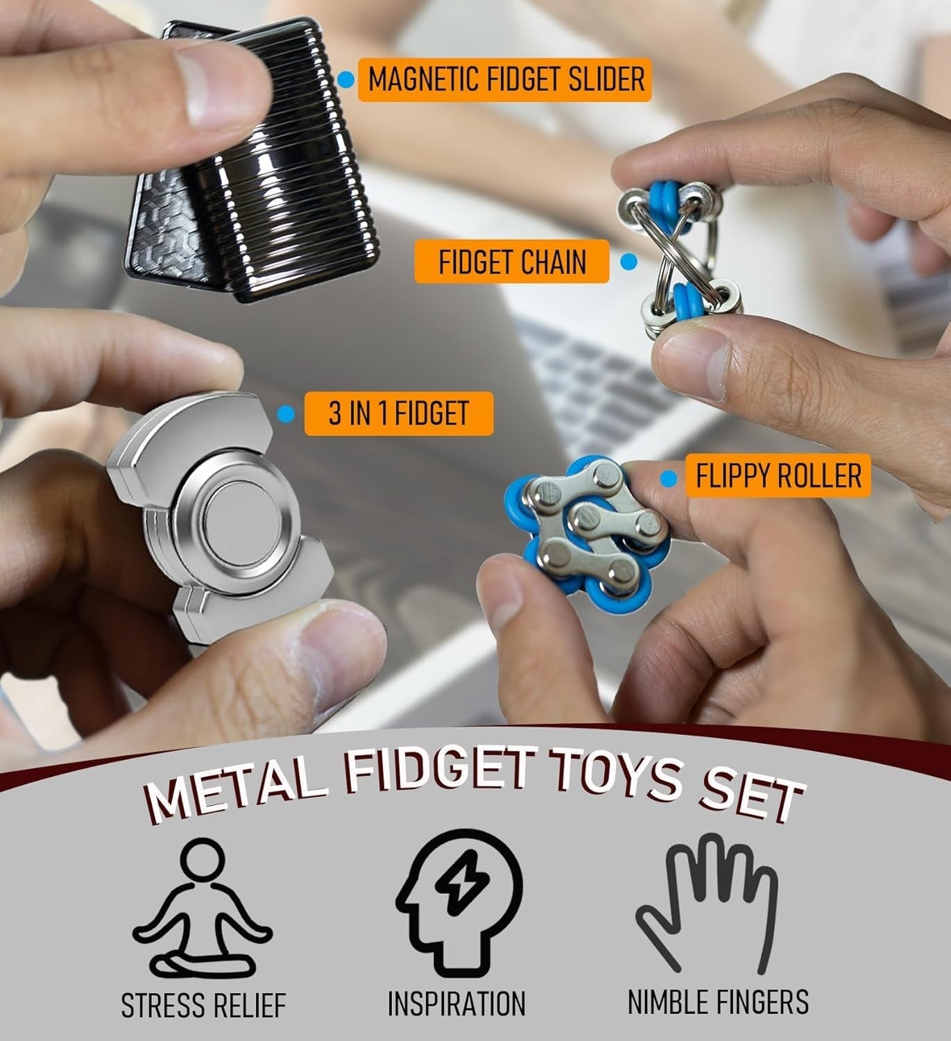 4pc Metal Fidget Set Magnetic Slider Spinner Chain Stress EDC