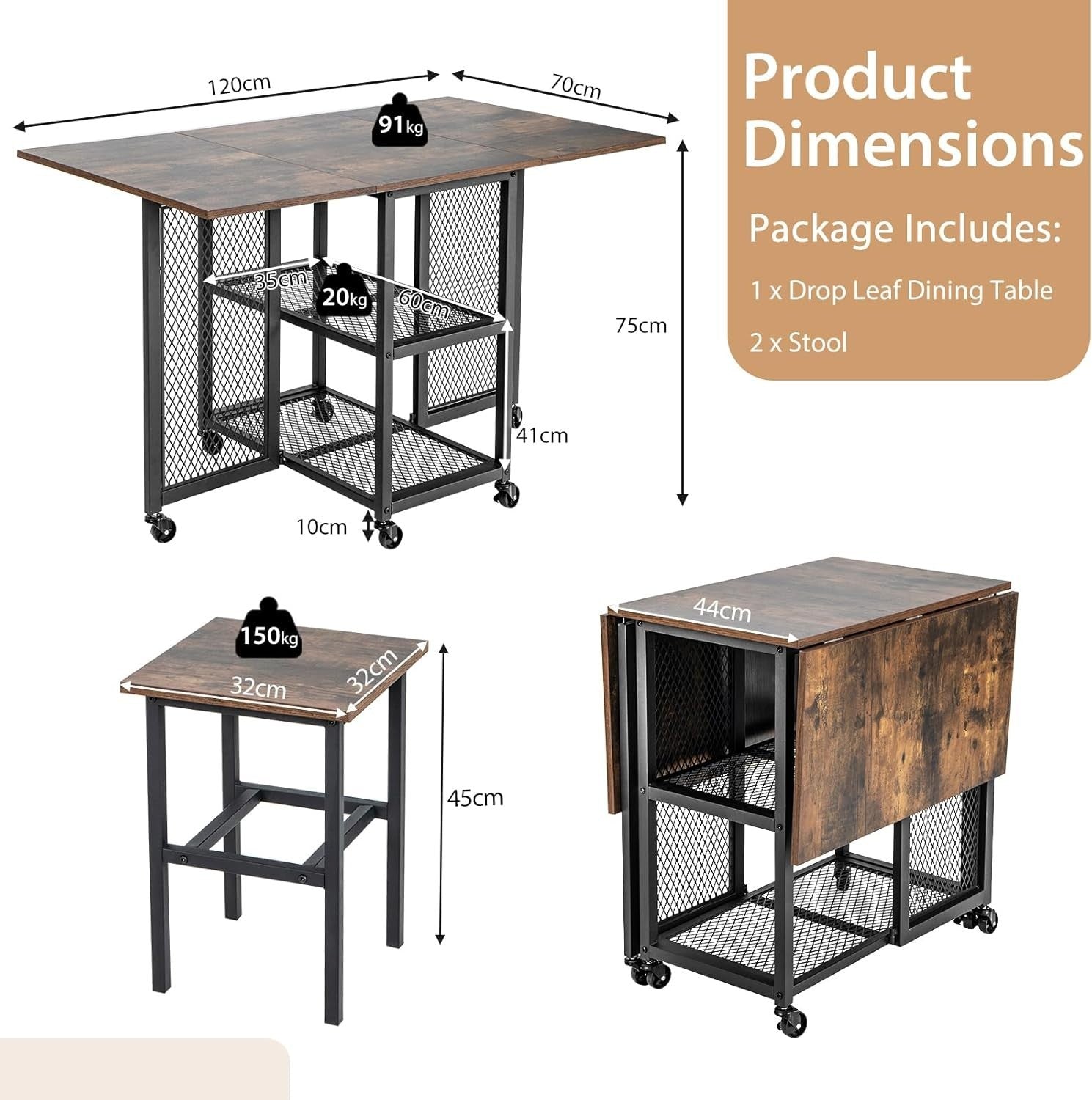Folding Drop Leaf Dining Table Set with Stools Storage Shelves on Wheels