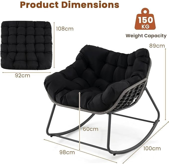 Luxury Rattan Rocking Chair – Thick Cushion, 150kg, Indoor Outdoor Use