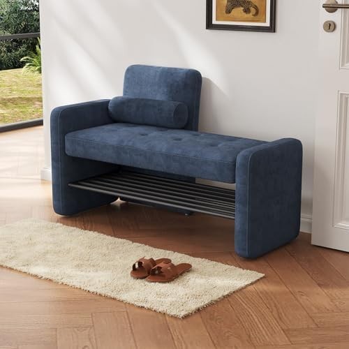 Blue Velvet Shoe Storage Bench with Backrest – Modern Hallway Seat & Rack