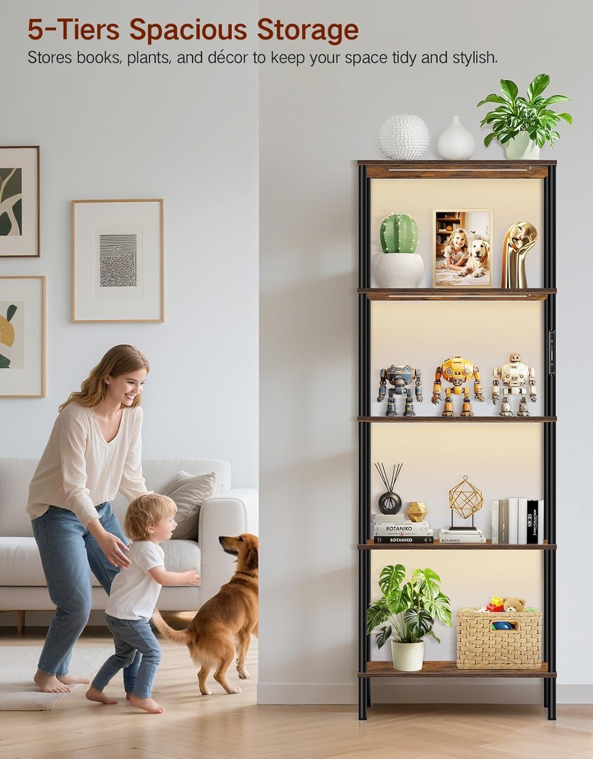 5 Tier LED Bookshelf Industrial Display Cabinet with Remote Control Storage Unit