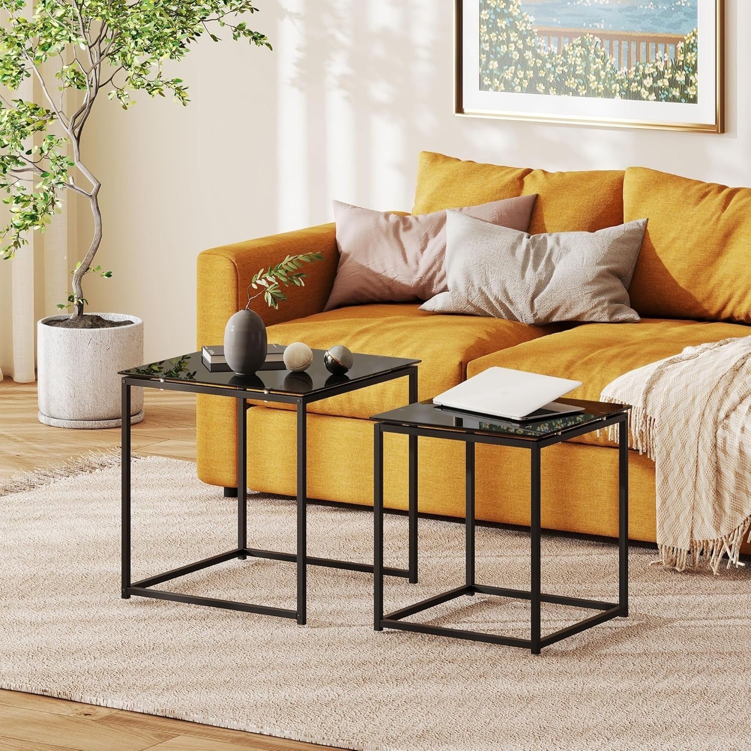 Nesting Coffee Table Set of 2 Black Tempered Glass Side End Tables Max 30KG