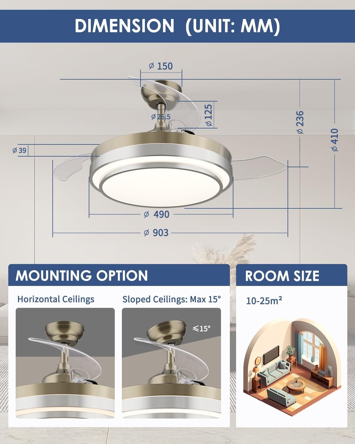 CJOY 42"" Ceiling Fan with Lights, Retractable Blades, 6 Speeds, LED, Remote