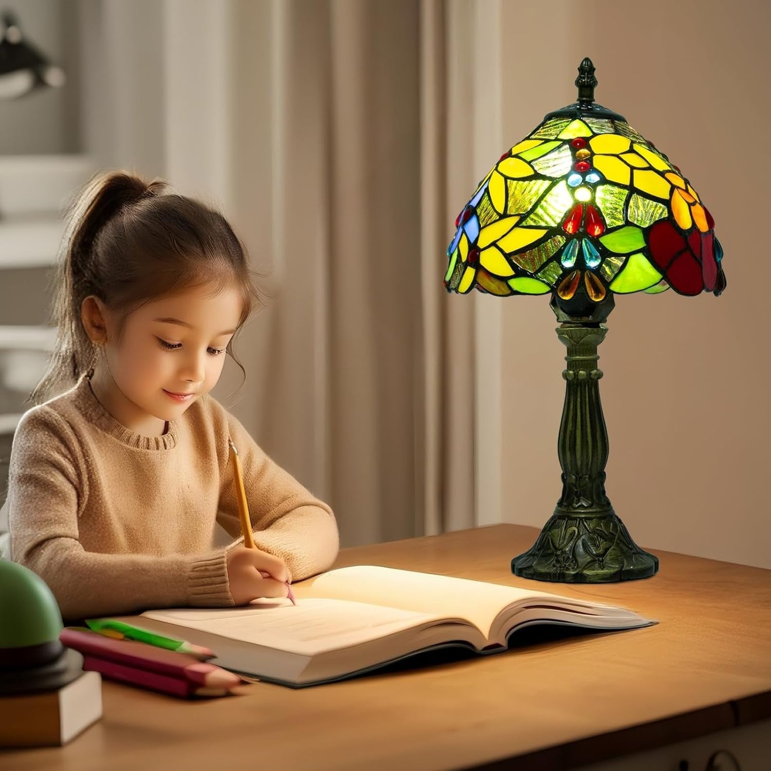 Stained Glass Tiffany Table Lamp 3-Color Dimmable E27 Bulb, 20x20x37cm