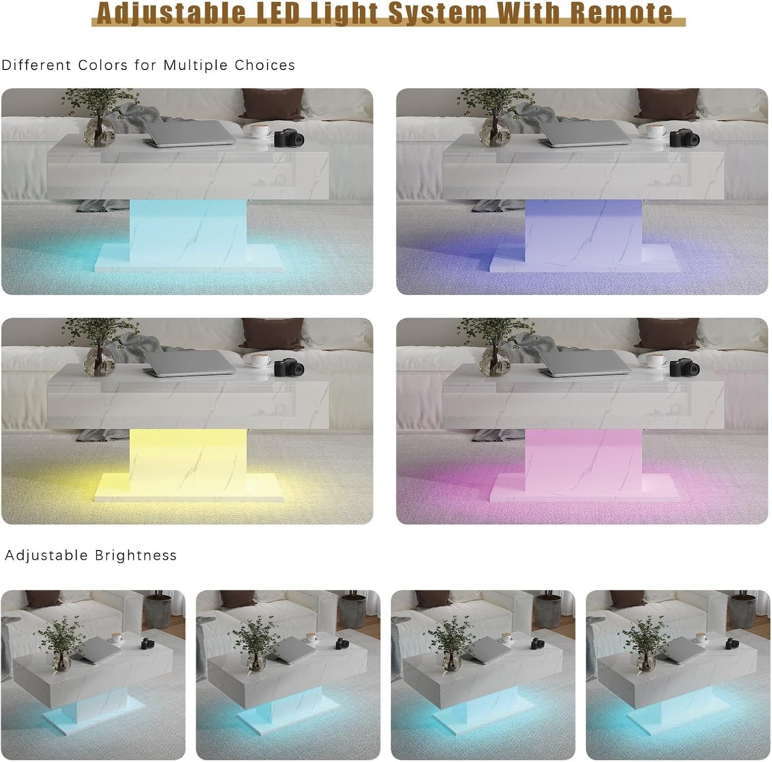 White Marble LED Coffee Table with 2 Drawers, High Gloss 110x55cm