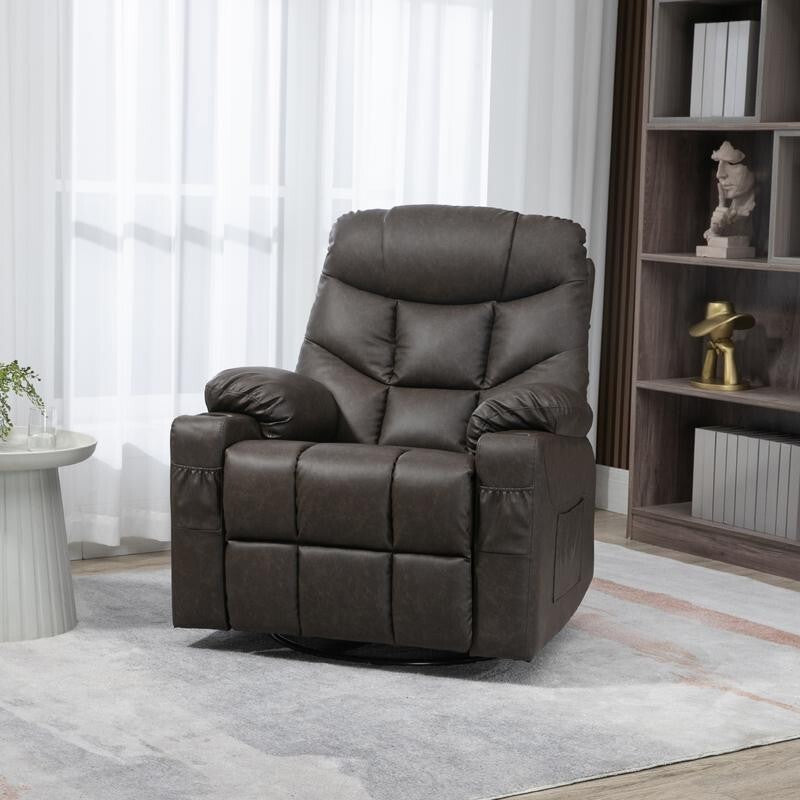 PU Leather Recliner Armchair Swivel Chair w/ Footrest, Cup Holders, Brown