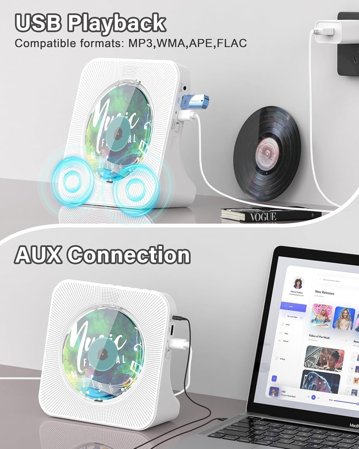 Bluetooth CD Player w Speakers FM Radio LCD Remote USB AUX White