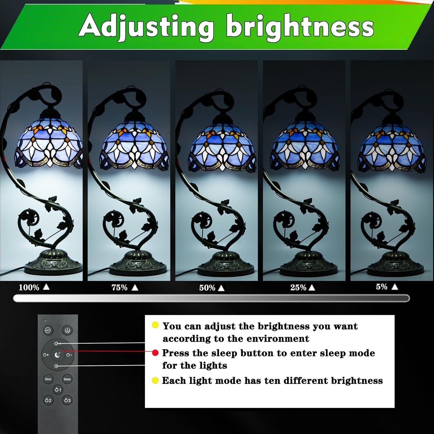 Stained Glass Desk Lamp Remote Dimming 3 Color Temp 11x11 Inch