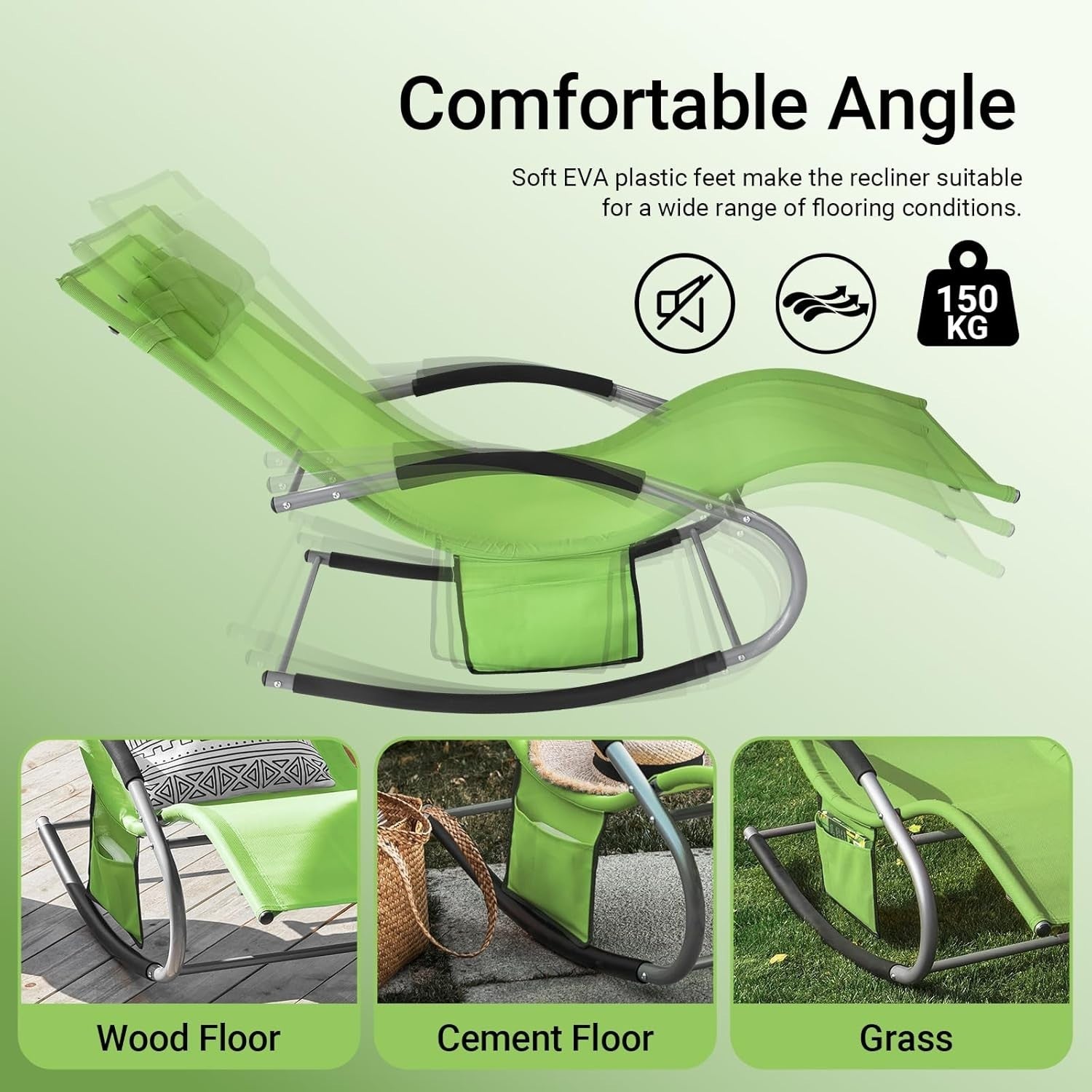 Ergonomic Outdoor Rocking Sun Lounger Chair with Cushion & Side Pocket Green
