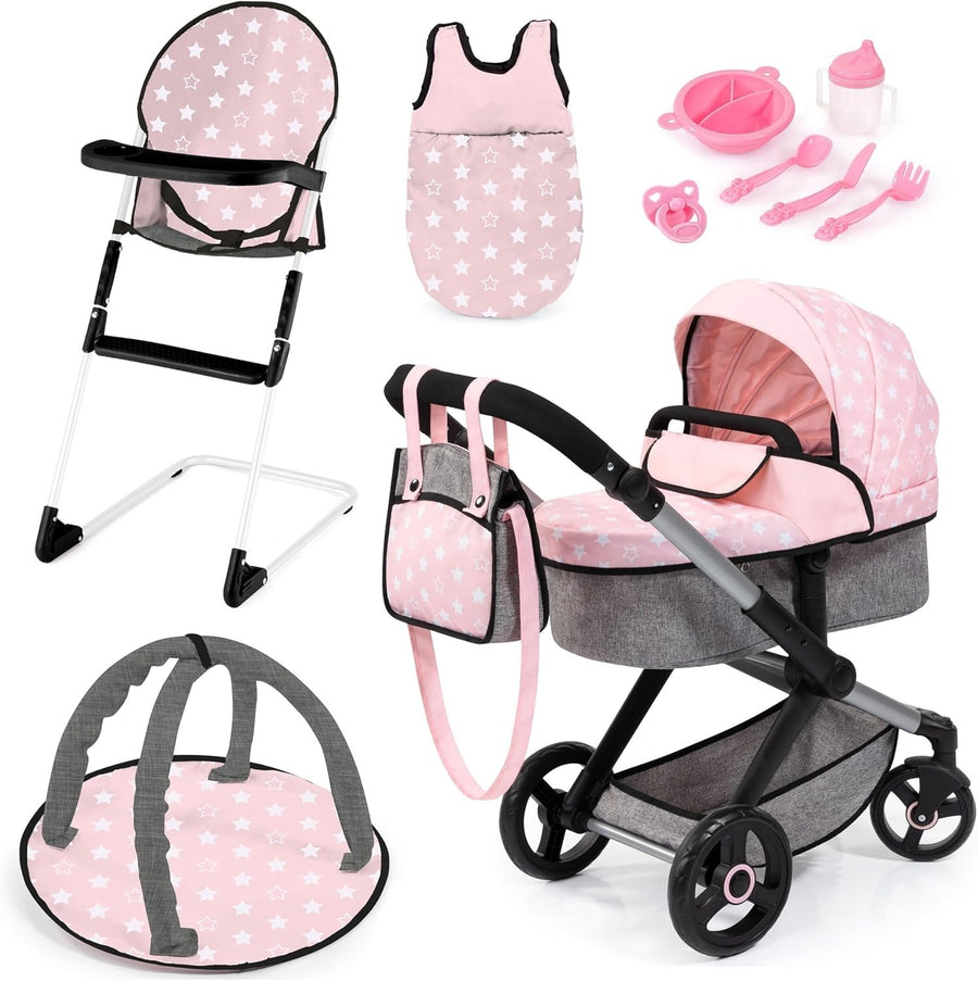 Dolls Pram Pushchair Convertible Adjustable Handle Highchair Set