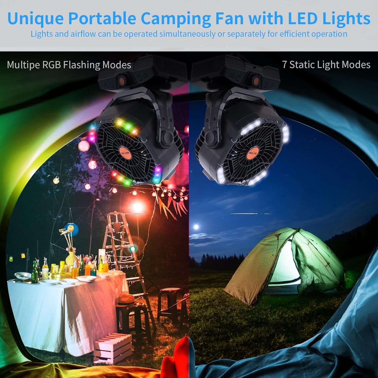 Camping Fan 20000mAh Rechargeable – Portable LED Light Desk Fan w/ Remote Black