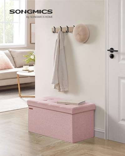 Jelly Pink Folding Ottoman Bench 76cm Linen Storage Seat Footstool 89L Box