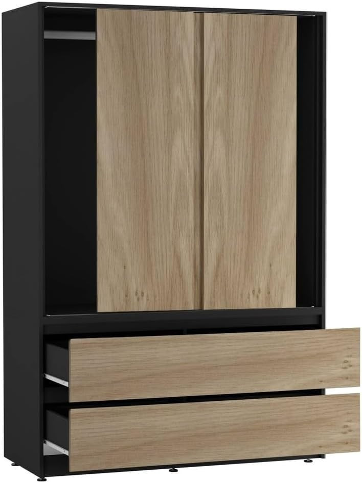 Oak Sliding Door Wardrobe with 4 Drawers & Hanging Rail - Space Saving