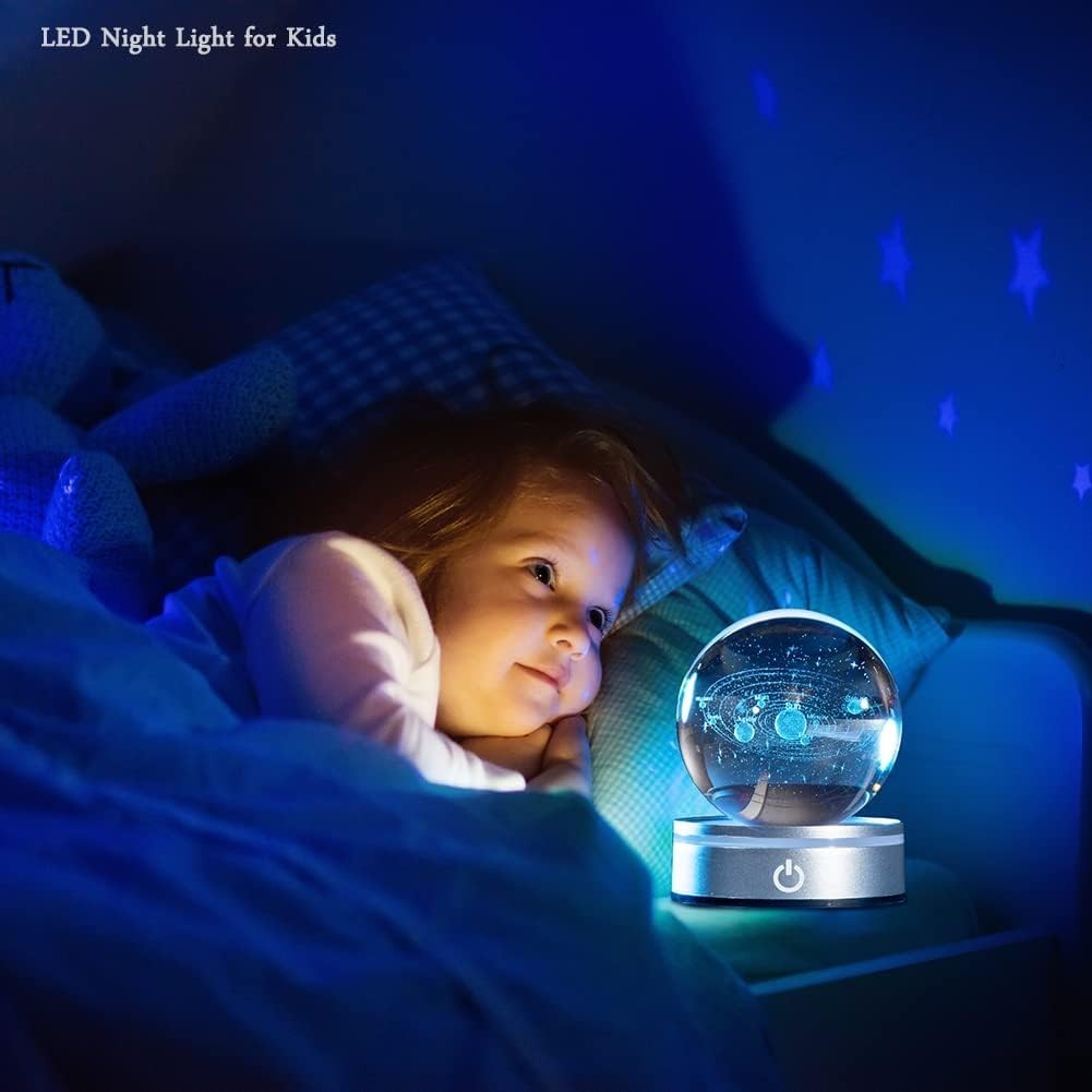 3D Solar System Crystal Ball with LED Stand • Space Gift • Engraved Planets