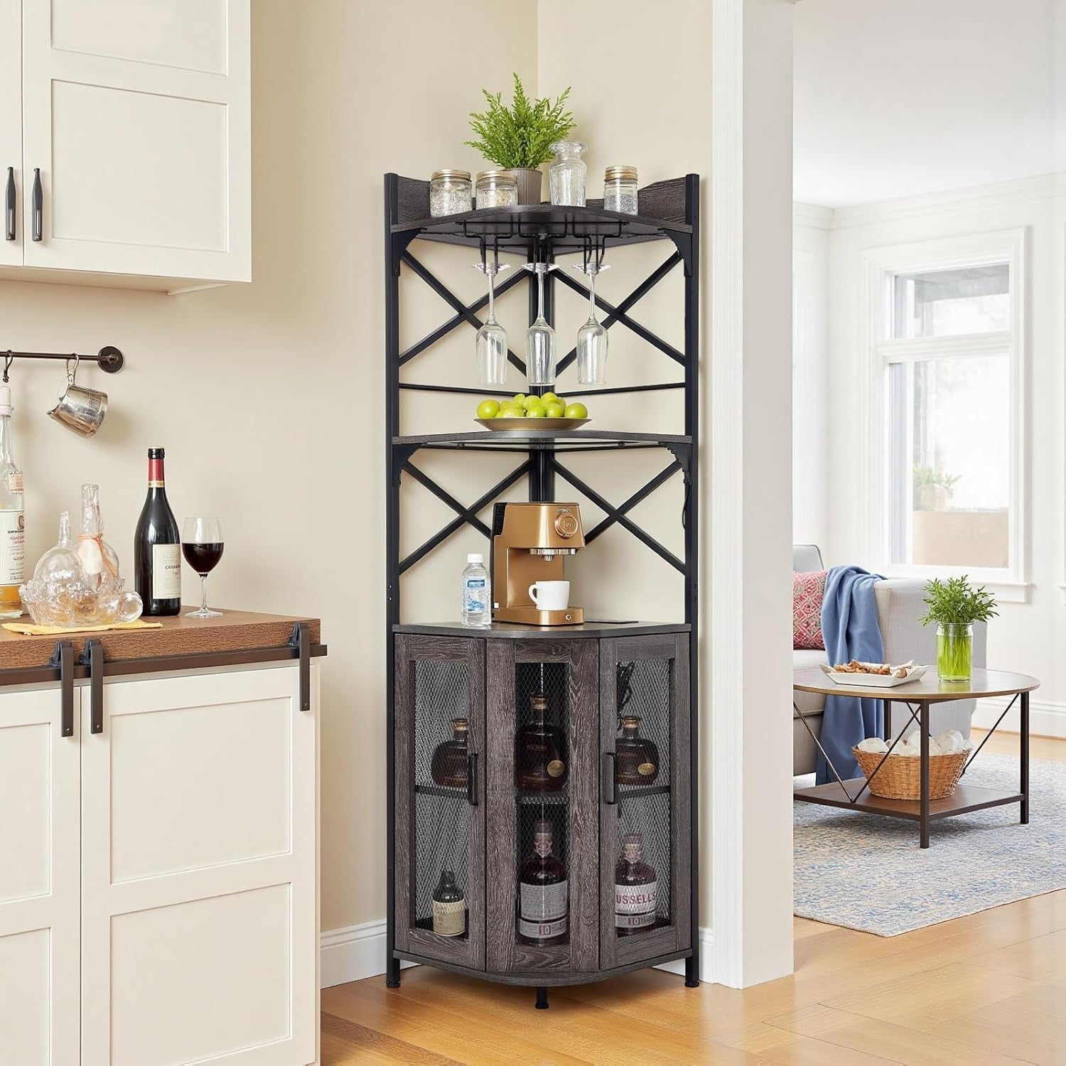 Corner Wine Rack with LED Lights & Power Socket, 5-Tier Drinks Cabinet Bar Unit