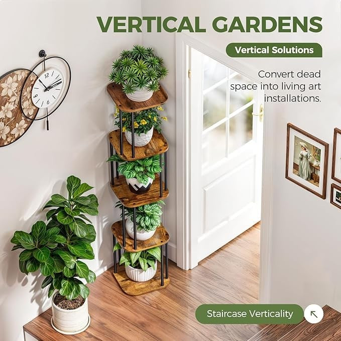 5 Tier Metal Wood Plant Stand Indoor Outdoor Tall Flower Shelf 29x30x138cm