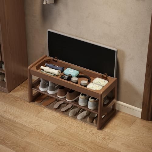 2-Tier Wooden Shoe Bench with Flip-Top & Cushioned Seat for Entryway