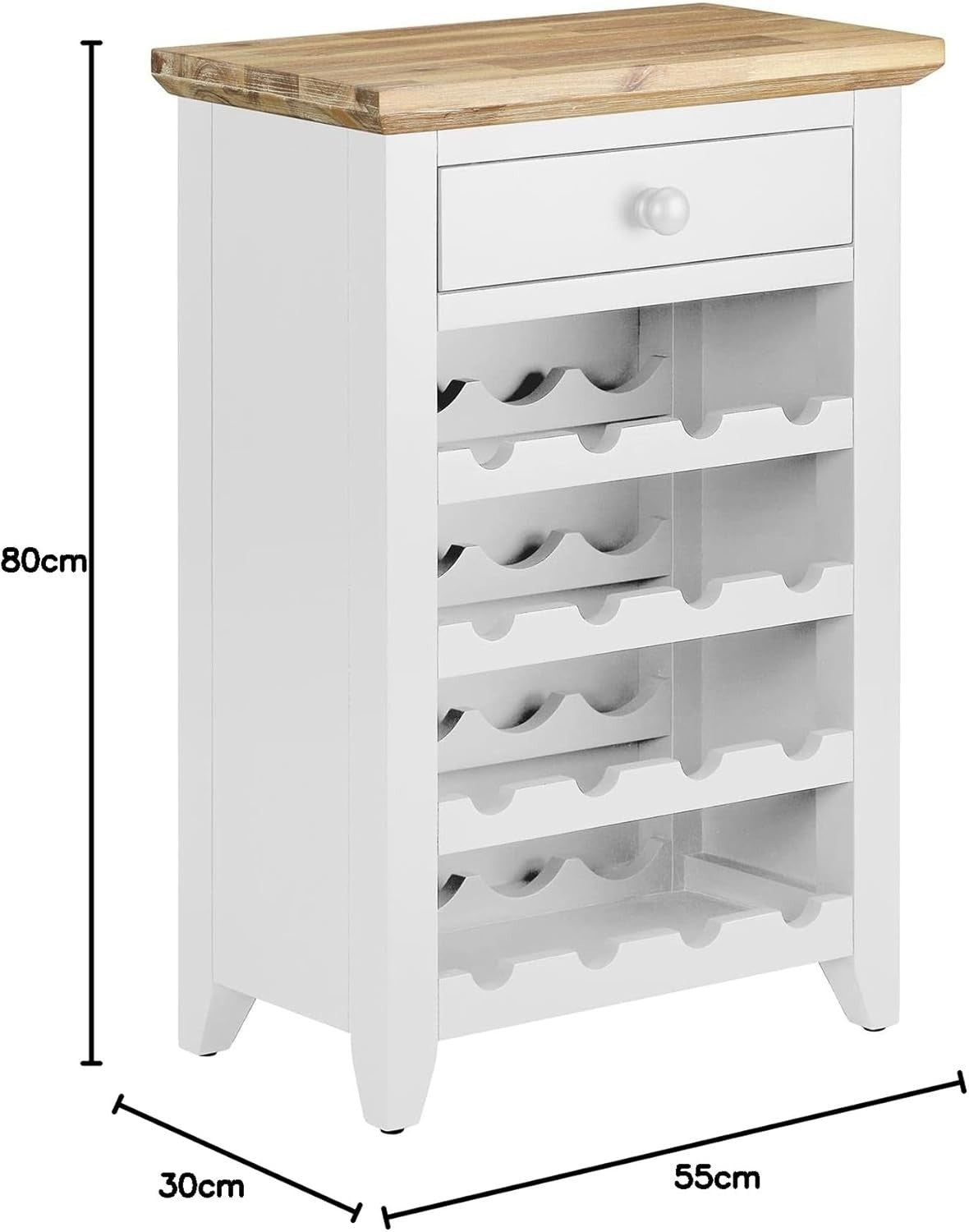 White Wine Rack Side Cabinet with Drawer | Holds 16 Bottles | Solid Wood Console