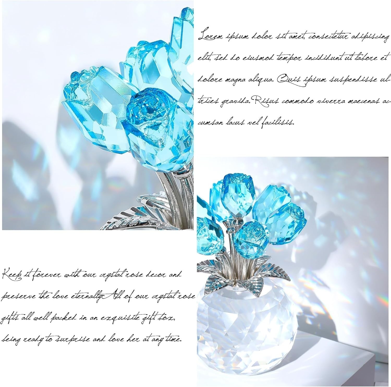 Light Blue Crystal Rose Bouquet Ornament Gift for Women Wife Anniversary Wedding