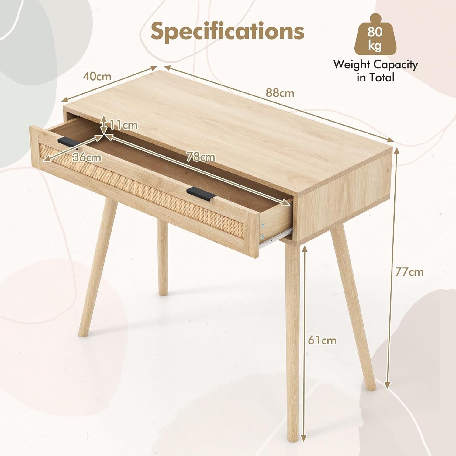 Slim Rattan Console Table with Drawer – Boho Hallway Desk 88x40x77cm