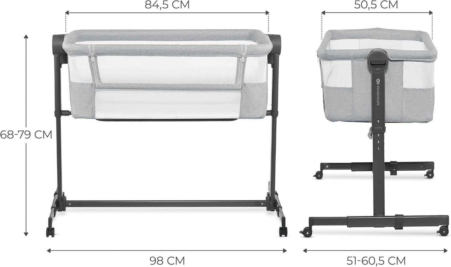 Bedside Baby Crib Co-Sleeper Cot Adjustable Height Travel Bassinet Grey