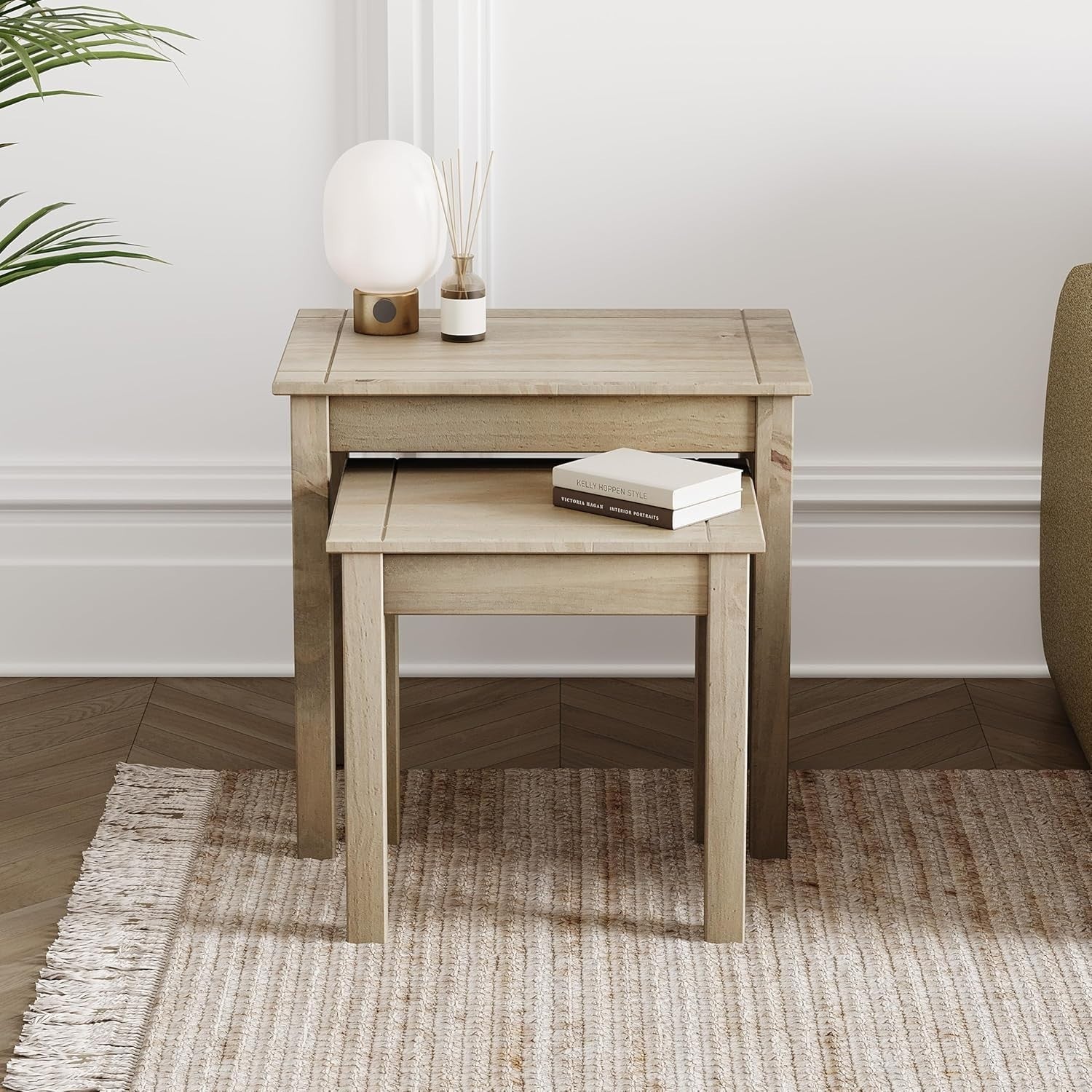 Nest of 2 Side Tables Natural Pine Wood Wax Finish Coffee End Table Bedroom