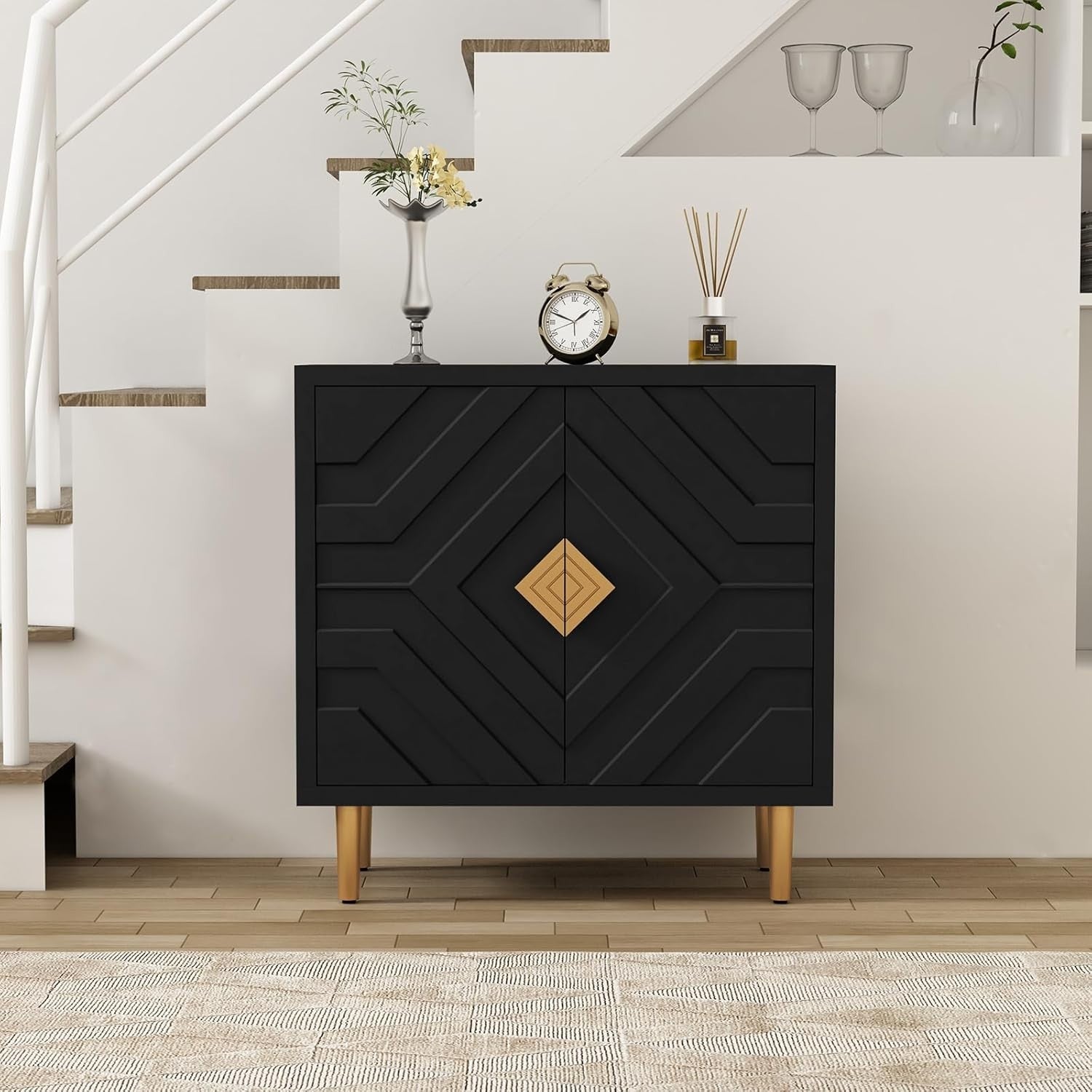 Modern 2-Door 3D Embossed Sideboard Cabinet Storage Unit Black Gold Legs