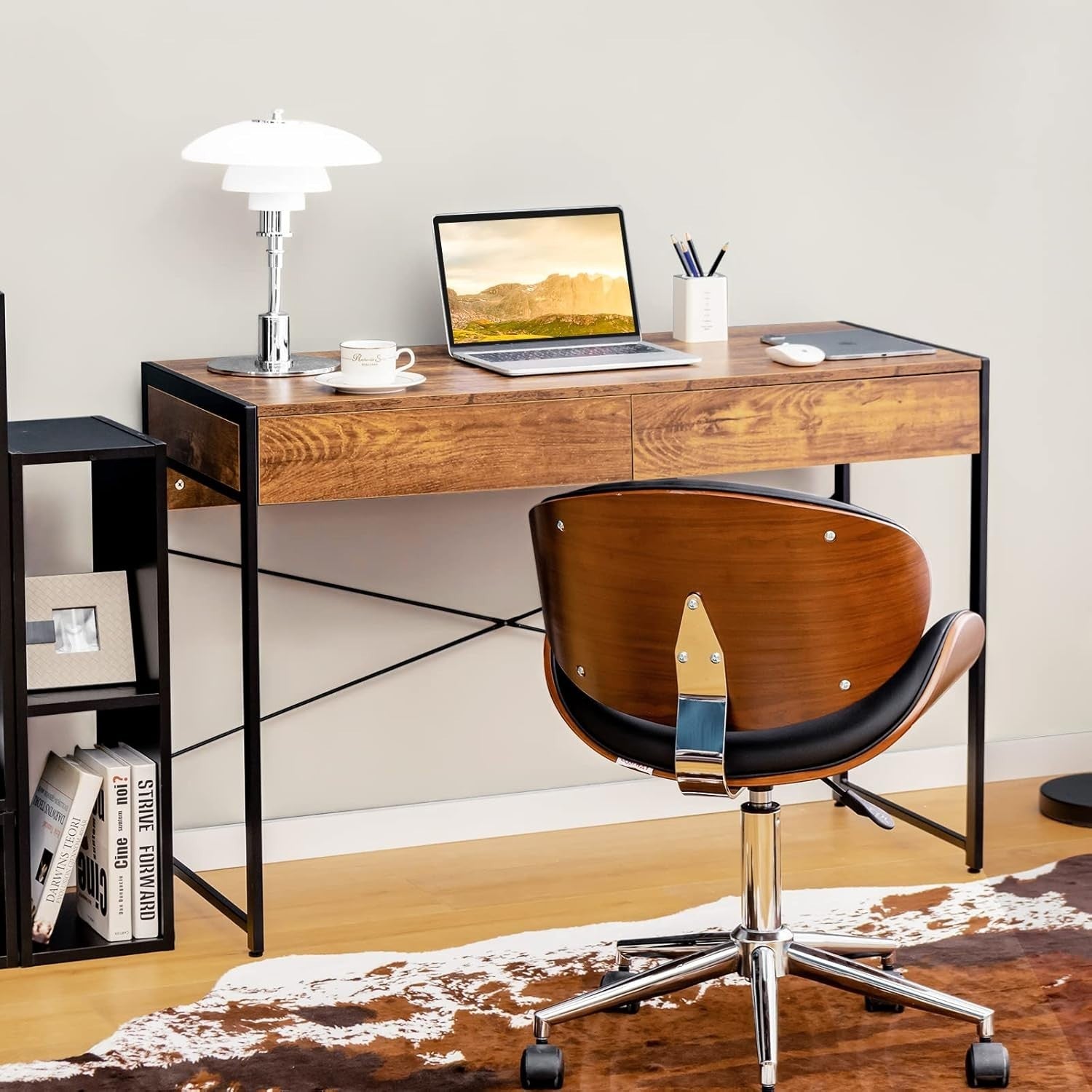 Rustic Brown Computer Desk with 2 Drawers & Metal Frame