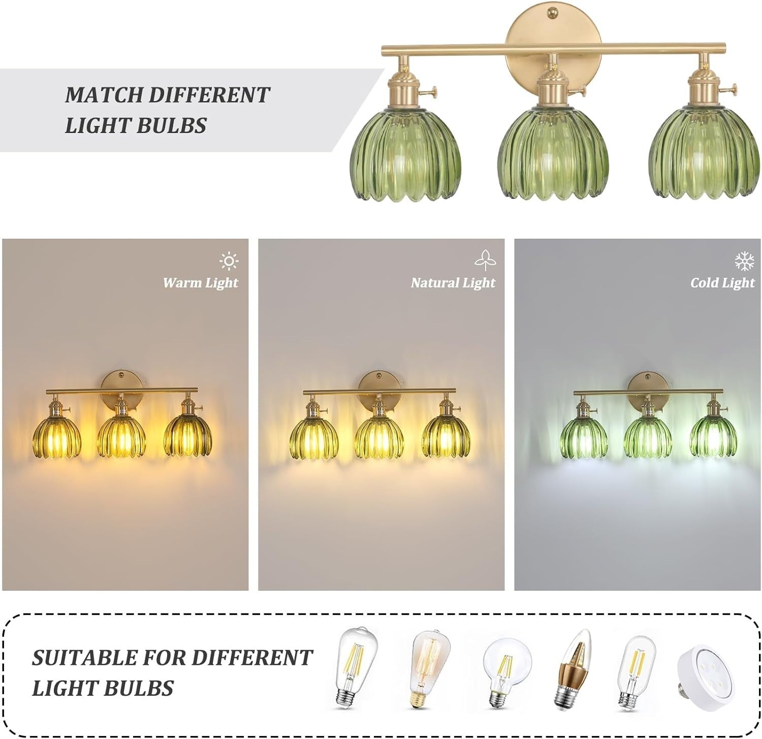 3-Light Green Glass Wall Sconce Vanity Light Brass Fixture Bathroom Mirror