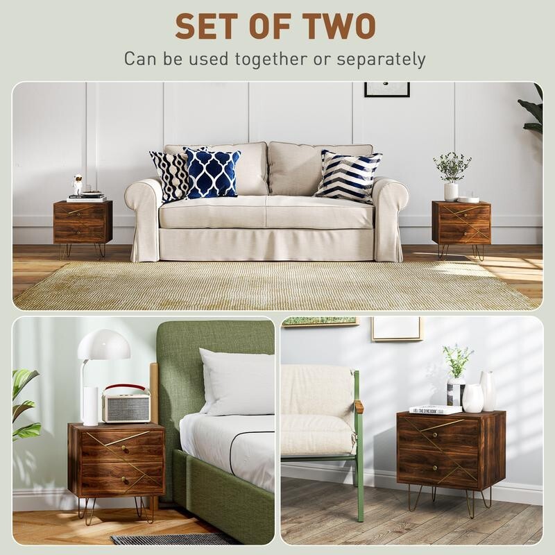 Set of 2 Bedside Tables Brown Wood Grain w/ Drawers & Hairpin Legs