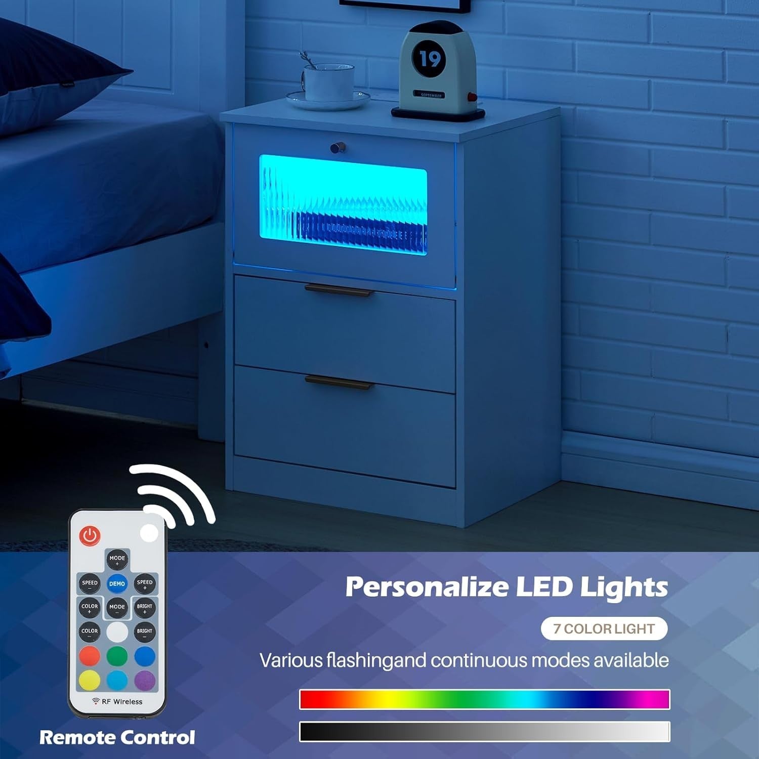 Set of 2 Smart LED Bedside Tables with USB Charging | Modern White 2 Drawer
