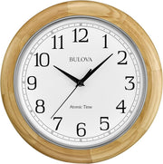 Atomic Analog Wall Clock Quartz Battery Operated Auto Time Set Natural Wood