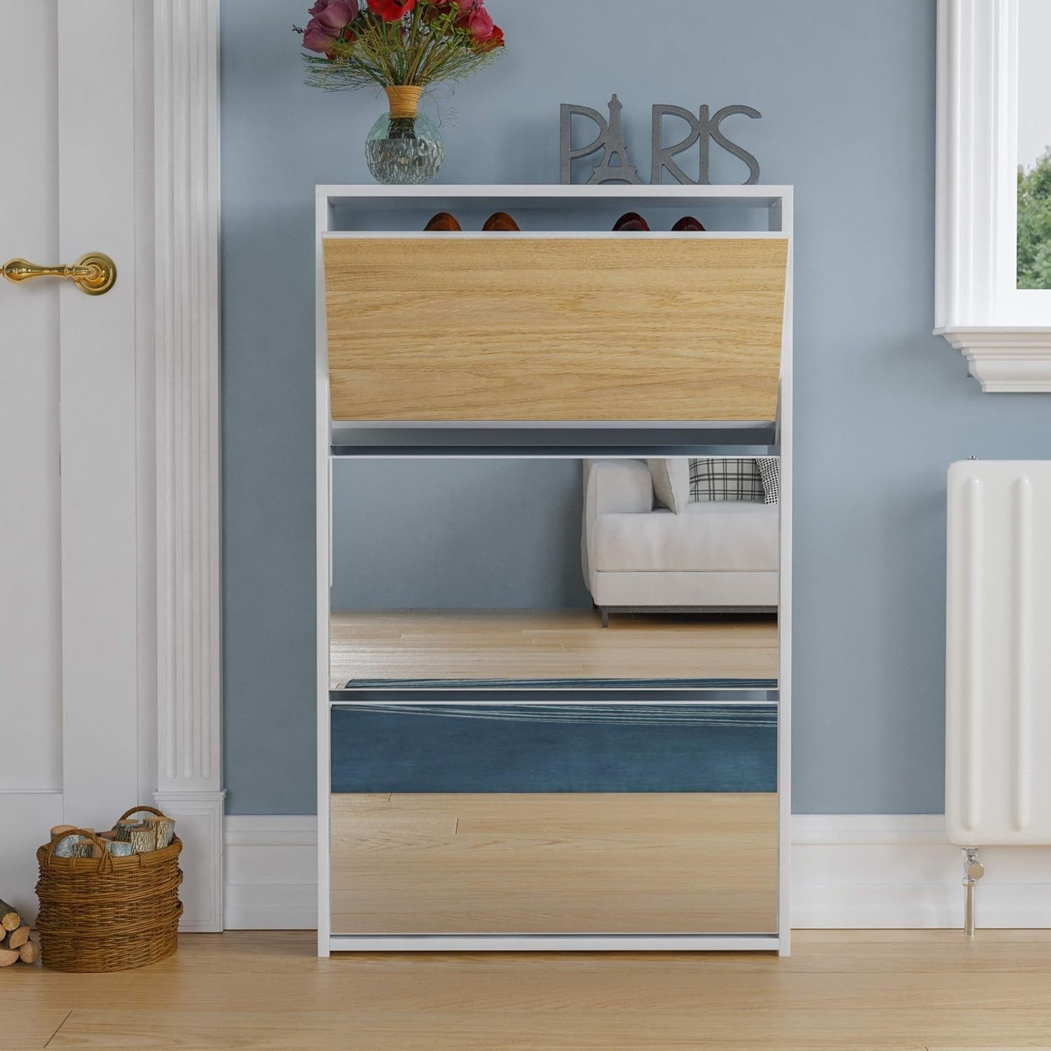 Mirrored 3-Drawer Shoe Cabinet Hallway Storage Unit 62x16.5x100cm White