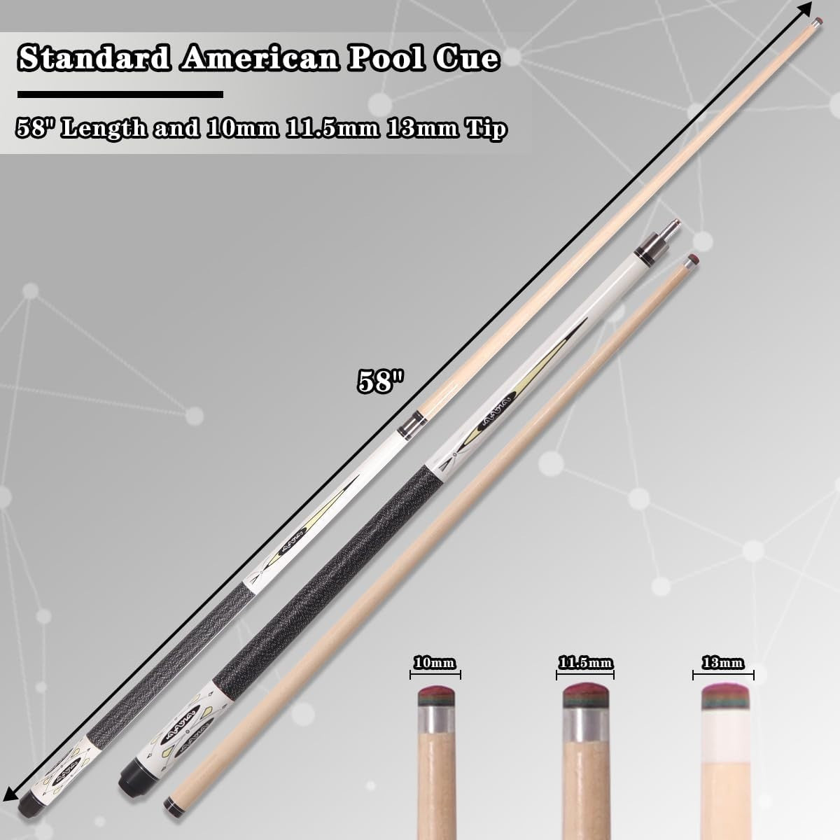 58in Pool Cue Stick 13mm Tip Low Deflection 2pc Canadian Maple Adult