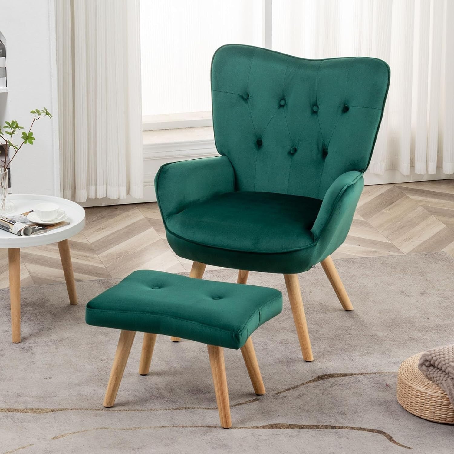 Green Velvet Armchair with Footstool, Comfy Reading Lounge Chair Set