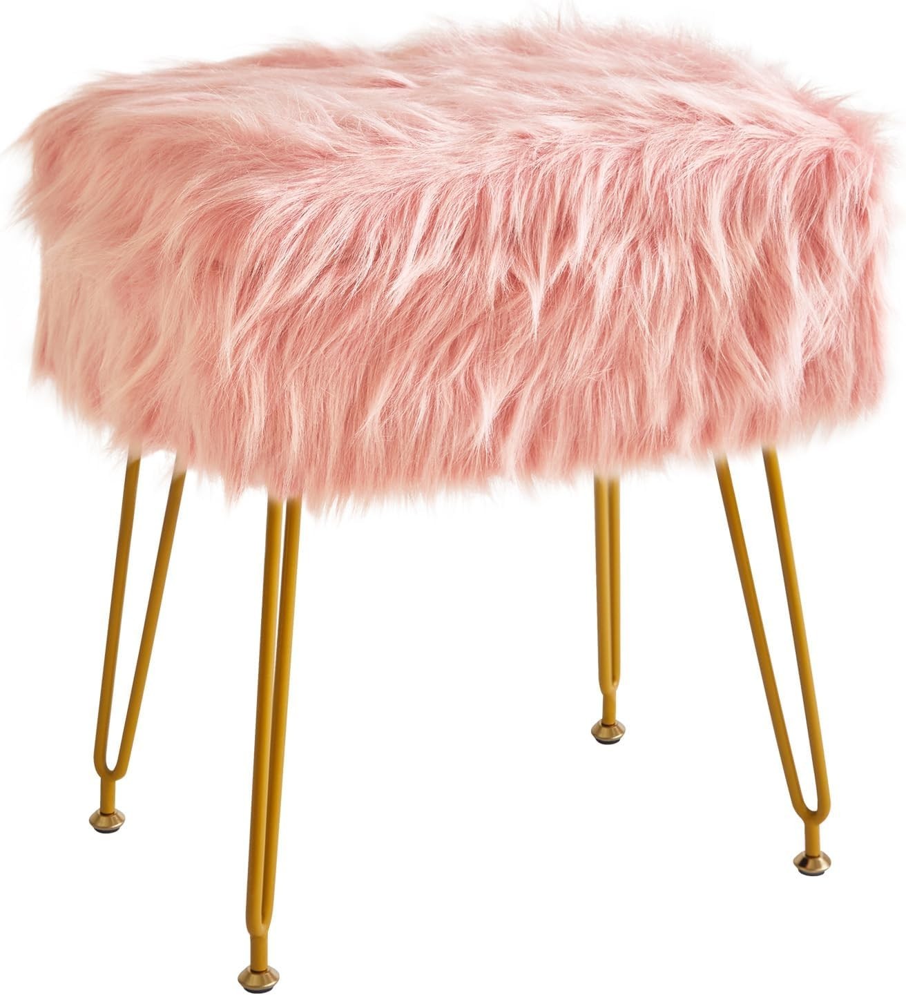 Pink Rectangular Faux Fur Vanity Stool with Storage and Gold Metal Legs