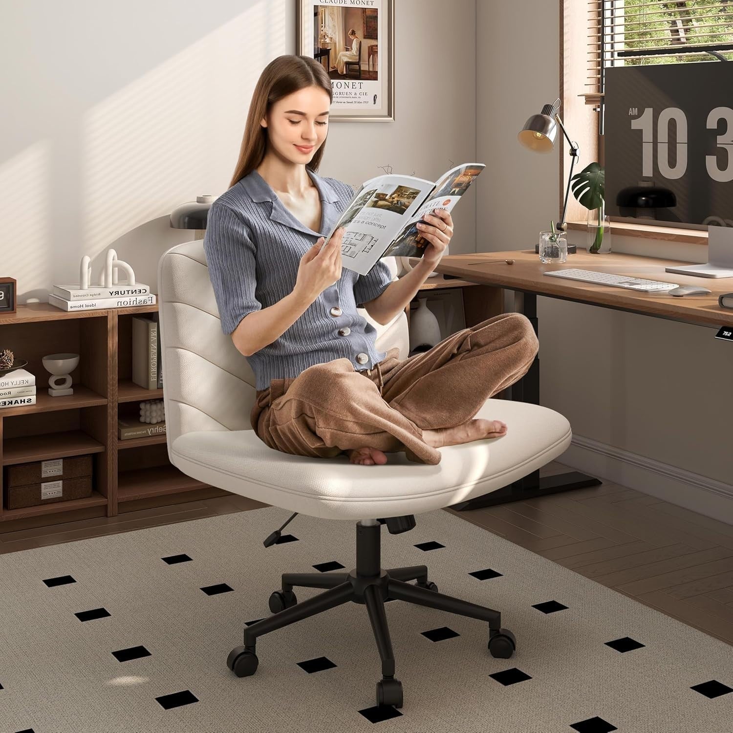 Armless Office Desk Chair Padded Cross Legged Swivel Adjustable Height Beige