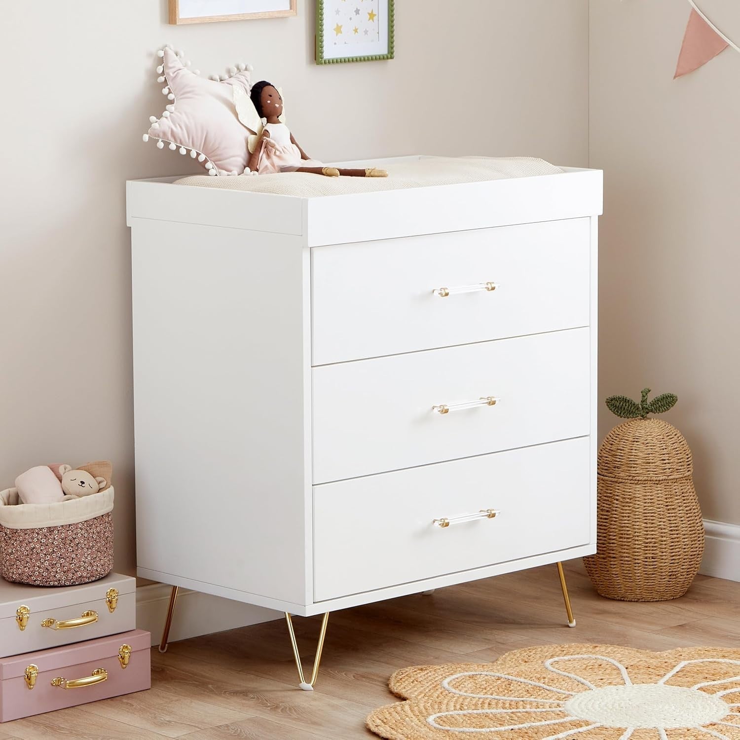3pc Acrylic Nursery Furniture Room Set Cot Bed Chest Drawers Adjustable Modern