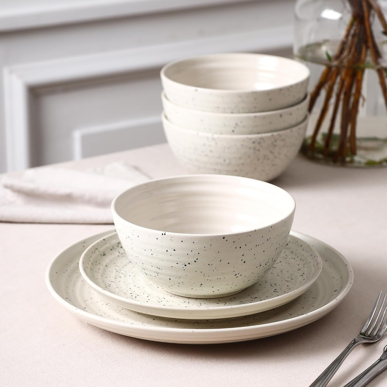 24pc Stoneware Dinner Set White Plates Bowls Microwave Dishwasher Safe