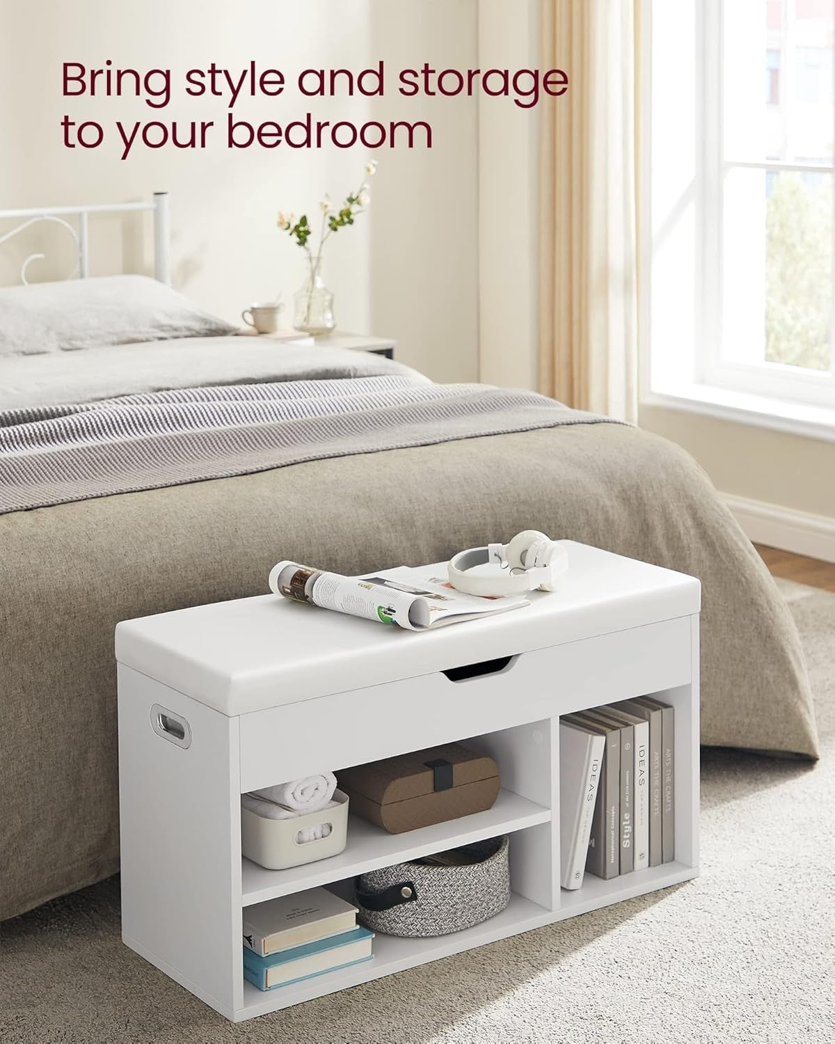 White Shoe Storage Bench with Cushion, 3 Compartments, Lift-Top Seat