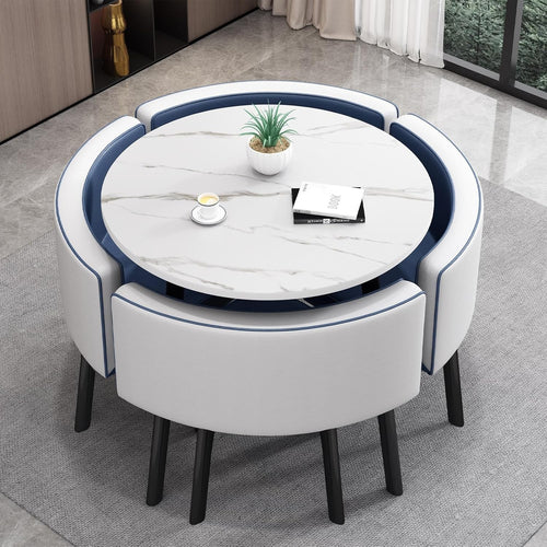 White 35.4" Dining Set w/ 4 Blue Chairs – Space-Saving Faux Marble Table
