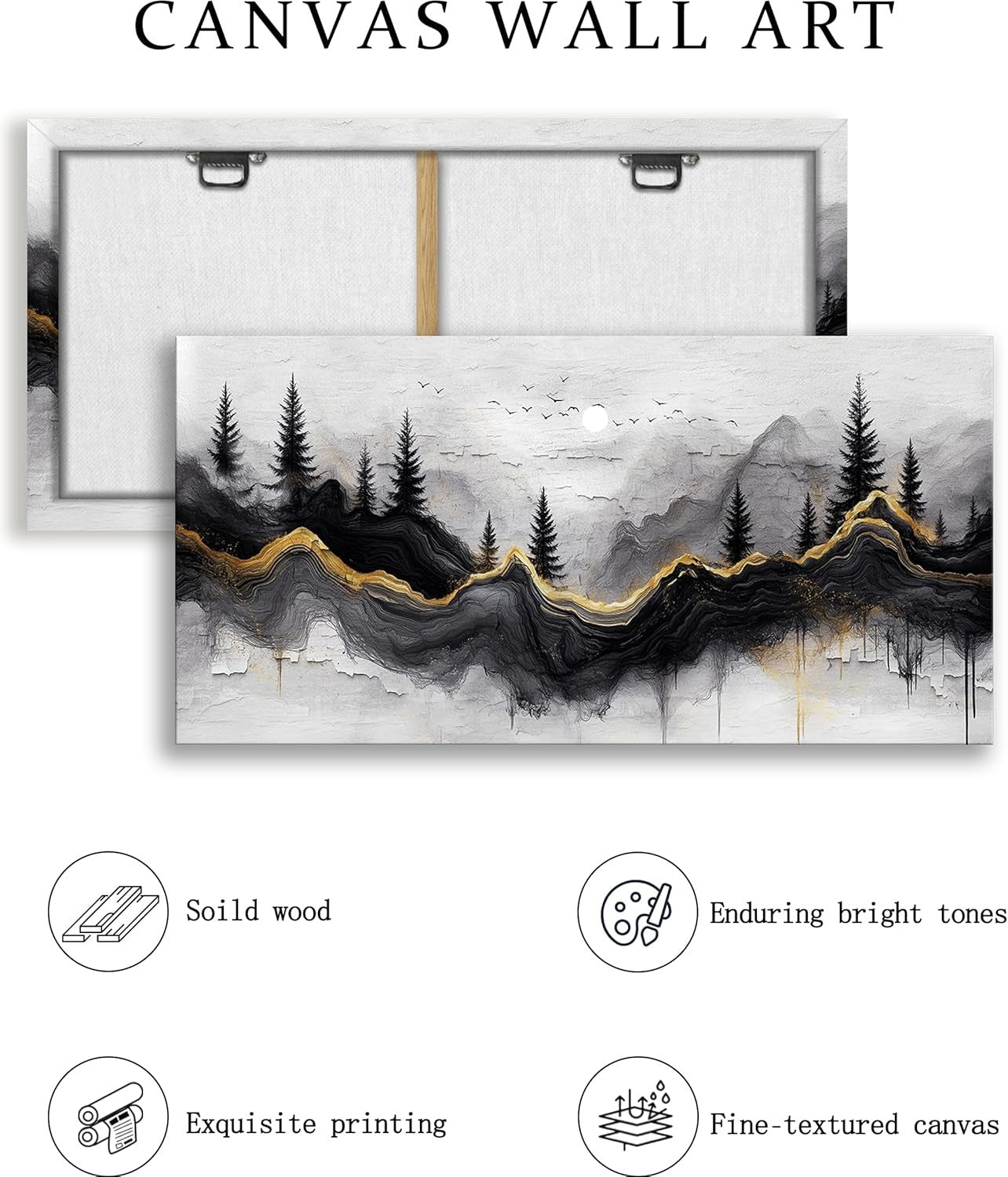 29"x57" Large Black Gold Abstract Forest Canvas Wall Art – XXL Decor