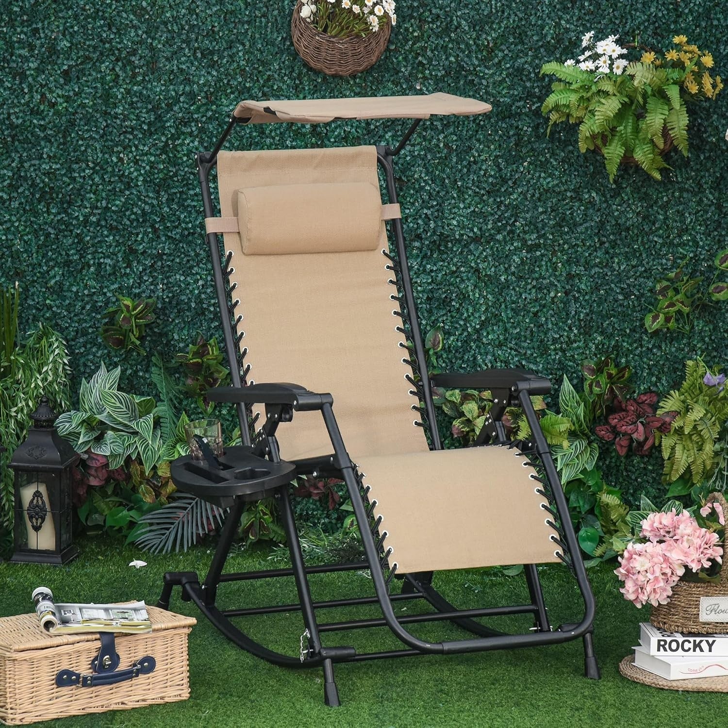 Adjustable Zero Gravity Recliner Rocking Chair with Canopy & Side Holder